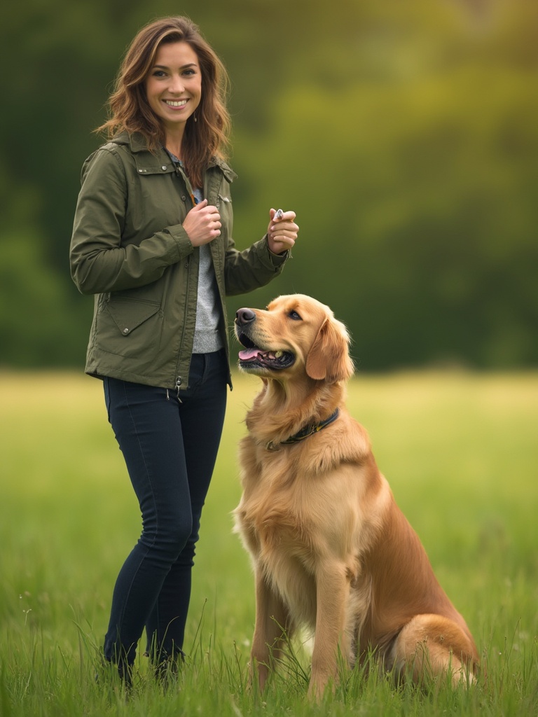 Professionelle Hundetrainerin mit gut erzogenem Hund im Grünen